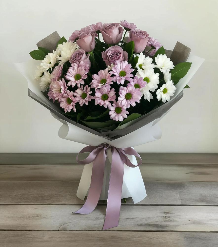 Букет цветов из: Хризантемы и Розы в Новописцово