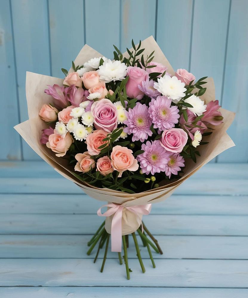 Букет цветов из: Хризантемы, Розы и Альстромерии в Новописцово