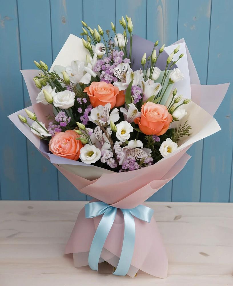 Букет цветов из: Лизиантусы, Розы, Альстромерии и Гипсофила в Новописцово