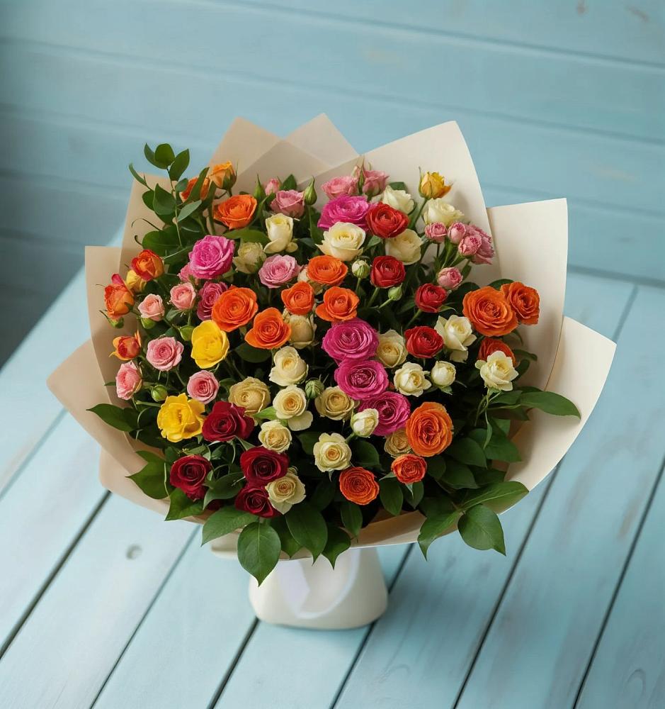 Букет Микс из разноцветных кустовых роз в Новописцово