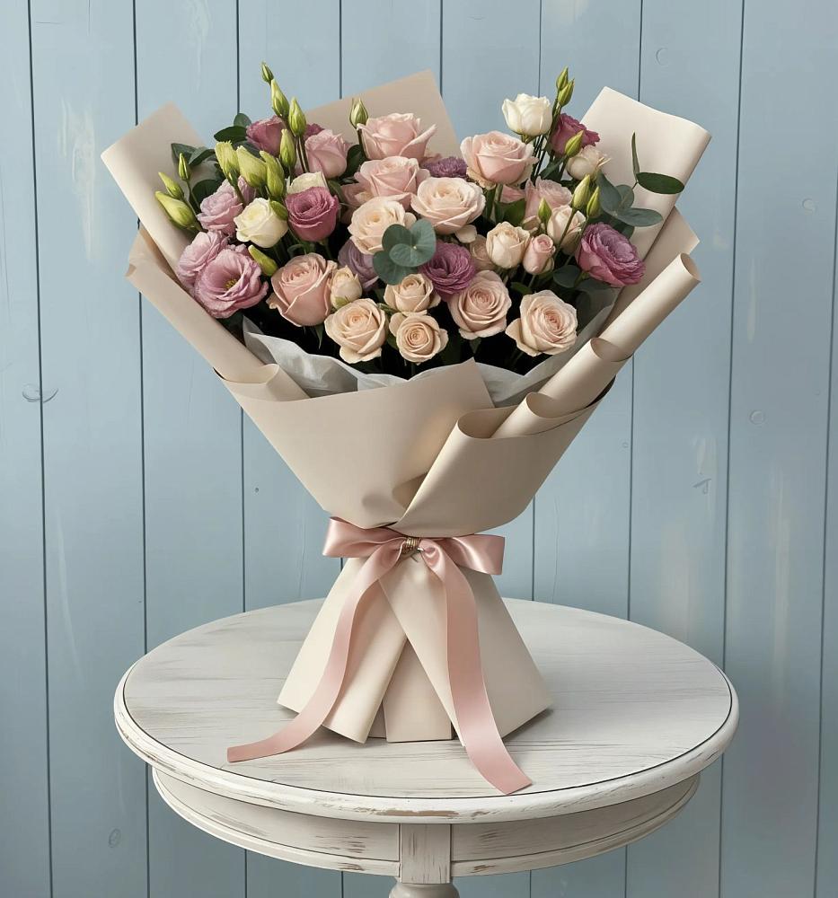 Букет цветов из: Розы и Лизиантусы в Новописцово