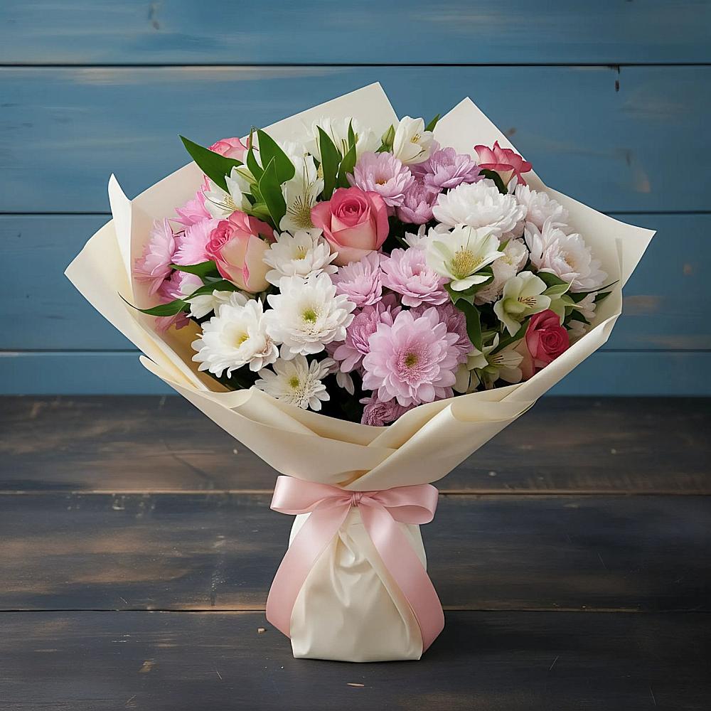 Букет цветов из: Хризантемы, Альстромерии и Розы в Новописцово